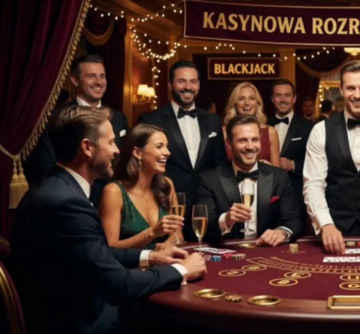 Profesjonalny stół blackjack na eleganckim evencie z gośćmi w wieczorowych strojach