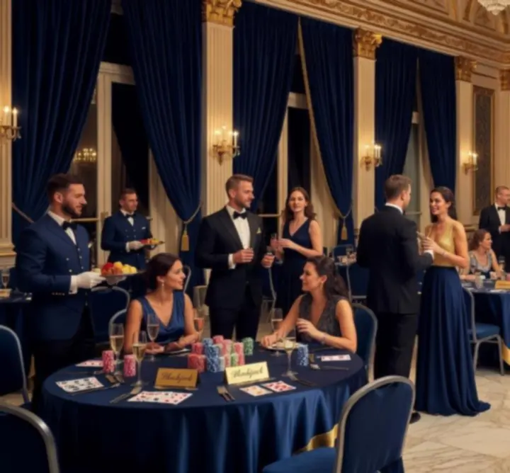 Elegancko przygotowana sala eventowa z oświetleniem w stylu kasyna i stołami do gier
