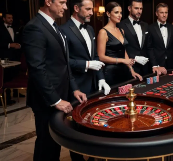 Profesjonalny krupier prezentuje stół do ruletki na eleganckim wydarzeniu