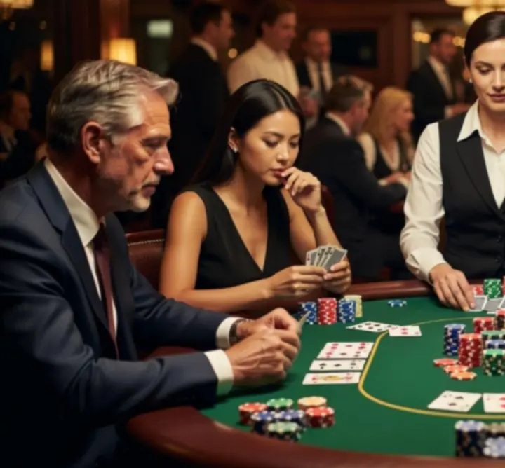 Uczestnicy wieczoru pokerowego przy stole w trakcie emocjonującej rozgrywki